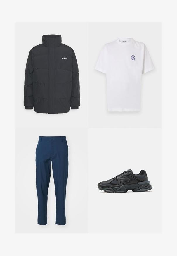 Crna puffer jakna s visokim ovratnikom, prednjim zatvaračem i elastičnim manžetama. Ima džep i mali logo na prsima. Teksturalna površina.; Bijela pamučna majica kratkih rukava, s okruglim izrezom i malim, plavim izvezenim logom "C" na lijevoj strani prsa.; Mornarskoplave hlače s glatkim materijalom, uskog kroja, s prednjim džepovima i jednim kopčanjem na struku. Bez vidljivih uzoraka.; Crne trkačke tenisice izrađene od kombinacije mrežastih i sintetičkih materijala, s debelim potplatom, zakrivljenim dizajnom i istaknutim brendom sa strane.