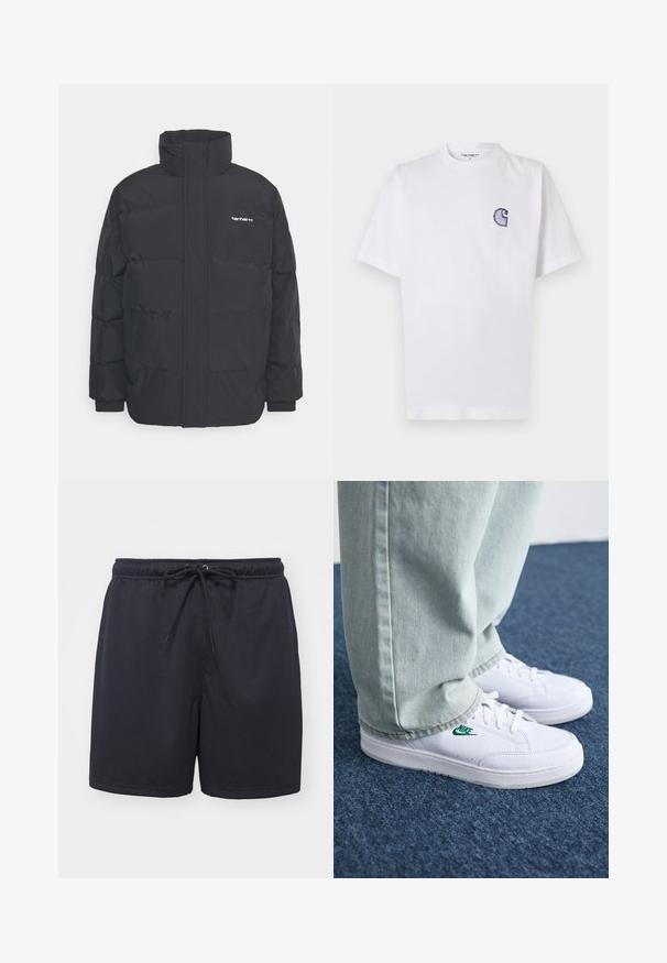 Fekete puffKabát magas nyakkal, cipzáros előlappal és rugalmas mandzsettával. Tartalmaz egy zsebet és egy kis logót a mellkason. Texturált felület.; Fehér pamut póló rövid ujjakkal, kerek nyakkivágással és egy kis, hímzett kék "C" logóval a bal mellrészen.; Fekete sportnadrág, texturált, légáteresztő anyagból; elasztikus derékkal és állítható zsinórral a tökéletes illeszkedés érdekében.; Fehér bőr sportcipők zöld Nike logóval, kerek orral, lapos talppal, világoskék farmernadrággal párosítva, kék szőnyegen bemutatva.
