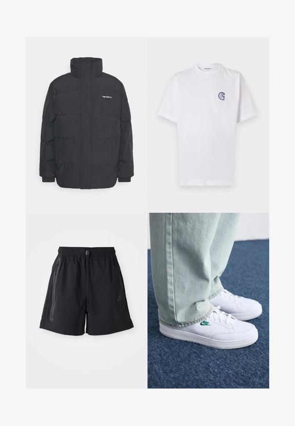 Black puffer jacket with a high collar, zip front, and elastic cuffs. Features a pocket and a small logo on the chest. Textured surface.; White cotton t-shirt with short sleeves, round neckline, and a small, embroidered blue "C" logo on the left chest area.; Black shorts with an elastic waistband, adjustable drawstring, and two side zip pockets. Features smooth fabric and a subtle logo accent.; White leather sneakers with green Nike logo, round toe, flat sole, paired with light blue denim pants, shown on a blue carpet.