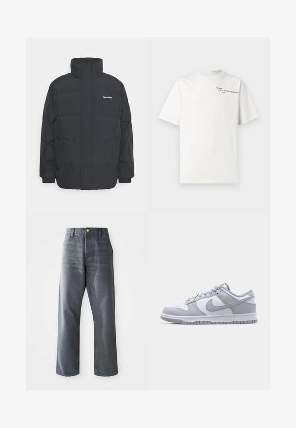Crna puffer jakna s visokim ovratnikom, prednjim zatvaračem i elastičnim manžetama. Ima džep i mali logo na prsima. Teksturalna površina.; Bijela pamučna majica kratkih rukava, okruglog izreza, s crnim tiskanim natpisom na prsima na kojem piše "Carhartt Work in Progress 1989."; Muške sivo traperice širokog kroja s opuštenim fitom, sa prednjim džepovima i jednim vidljivim zlatnim dugmetom na pojasu.; Siva i bijela Nike Dunk Low tenisice s glatkim kožnim gornjim dijelom, perforiranim prednjim dijelom, podstavljenim ovratnikom i gumenenim potplatom.