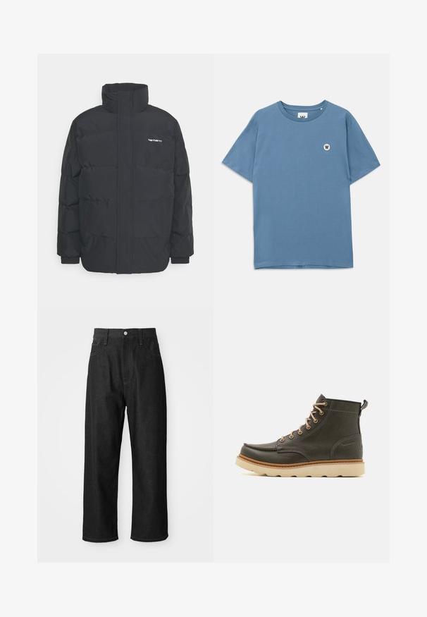 Crna puffer jakna s visokim ovratnikom, prednjim zatvaračem i elastičnim manžetama. Ima džep i mali logo na prsima. Teksturalna površina.; Plava pamučna majica kratkih rukava s okruglim izrezom, na lijevoj strani prsnog dijela s malim okruglim logotipom s slovom "W".; Crne traperice s opuštenim krojem, visokim strukom, zatvorenjem na zip, i dizajnom s pet džepova. Vidljivi šavovi naglašavaju cijelu odjeću.; Tamnozeleni kožni čizmi do gležnjeva s bež vezicama, podstavljenim ovratnikom i teksturiranom gumenom potplatom. Sadrži vodoodbojne oznake i detalje šivanja.