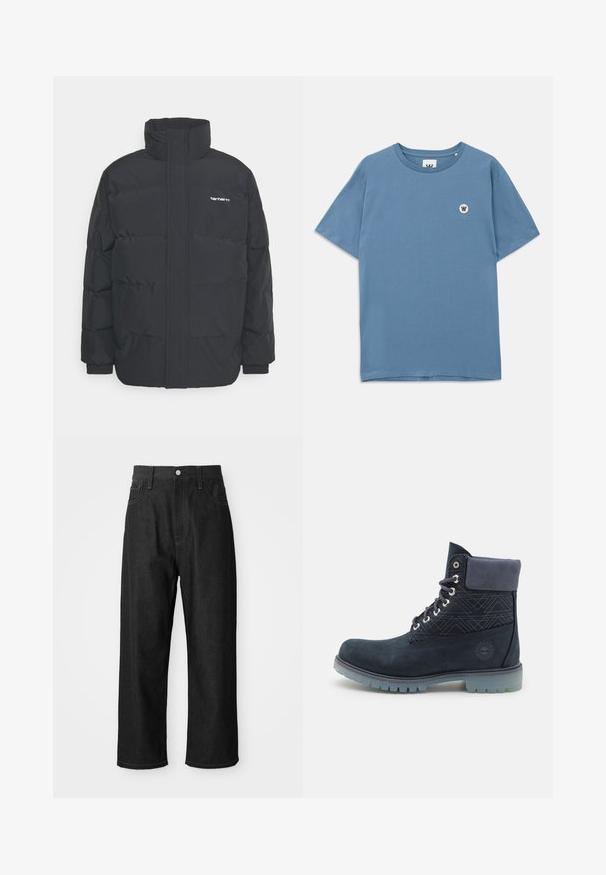 Crna puffer jakna s visokim ovratnikom, prednjim zatvaračem i elastičnim manžetama. Ima džep i mali logo na prsima. Teksturalna površina.; Plava pamučna majica kratkih rukava s okruglim izrezom, na lijevoj strani prsnog dijela s malim okruglim logotipom s slovom "W".; Crne traperice s opuštenim krojem, visokim strukom, zatvorenjem na zip, i dizajnom s pet džepova. Vidljivi šavovi naglašavaju cijelu odjeću.; Timberland Gležnjače s vezicama - navy