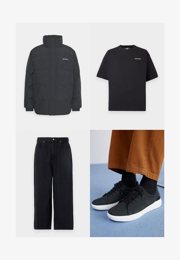 Schwarze Daunenjacke mit hohem Kragen, Reißverschluss vorne und elastischen Bündchen. Verfügt über eine Tasche und ein kleines Logo auf der Brust. Strukturiert Oberfläche.; Schwarzes Timberland T-Shirt mit kurzen Ärmeln und Rundhalsausschnitt, mit kleinem beigefarbenem Logo auf der oberen linken Brust, vor einem weißen Hintergrund präsentiert.; Schwarze Denim-Hosen mit geradem Bein, ausgestattet mit fünf Taschen, einem Knopfverschluss und einem schlichten Finish. Strapazierfähiger Stoff mit matter Textur.; Schwarze Wildleder-Sneaker mit weißen Gummisohlen, mit Schnürdesign, strukturierten Akzenten und dezentem Branding, kombiniert mit braunen Hosen.