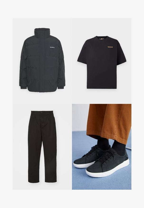 Musta puhvijaakku korkealla kauluksella, vetoketjukiinnitys edessä ja joustavat hihansuut. Varustettu taskulla ja pienellä logolla rintakehässä. Rakeinen pinta.; Mustavalkoinen lyhythihainen Timberland T-paita, jossa on pieni vaaleanruskea logo vasemmassa ylärinnassa, esillä valkoista taustaa vasten.; Mustat housut, jotka on valmistettu sileästä kankaasta, napitus, suora leikkaus ja kaksi etukappaletta lisäyksinä.; Musta mokkanahkakengät valkoisilla kumipohjilla, joissa on nauhakiinnitys, teksturoituja yksityiskohtia ja huomaamatonta brändäystä, yhdistettynä ruskeisiin housuihin.