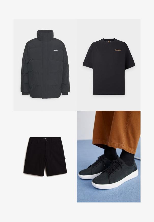 Sort pufferjakke med høj krave, lynlås foran og elastiske manchetter. Har en lomme og et lille logo på brystet. Tekstureret overflade.; Sort kortærmet crew neck Timberland T-shirt med lille tan logo på den øverste venstre bryst, vist på en hvid baggrund.; Sorte shorts lavet af bomuld, med en standard talje, to frontlommer og en afslappet pasform. Simpelt design uden synlige mønstre.; Sorte ruskinds sneakers med hvide gummisulder, med snørebånd-design, teksturerede detaljer og diskret branding, parret med brune bukser.