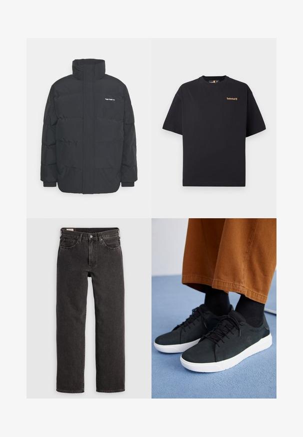 Zwarte pufferjas met een hoge kraag, rits aan de voorkant en elastische manchetten. Bevat een zak en een klein logo op de borst. Getextureerd oppervlak.; Zwarte T-shirt met korte mouwen en ronde hals van Timberland, met een klein tan logo op de bovenste linkerborst, gepresenteerd op een witte achtergrond.; Zwarte denim jeans met een rechte pijpontwerp, vijf zakken en metalen accenten. De stof heeft een lichte textuur en een effen kleurafwerking.; Zwarte suède sneakers met witte rubberen zolen, voorzien van een vetersluiting ontwerp, textuuraccenten en subtiele branding, gedragen met bruine broeken.