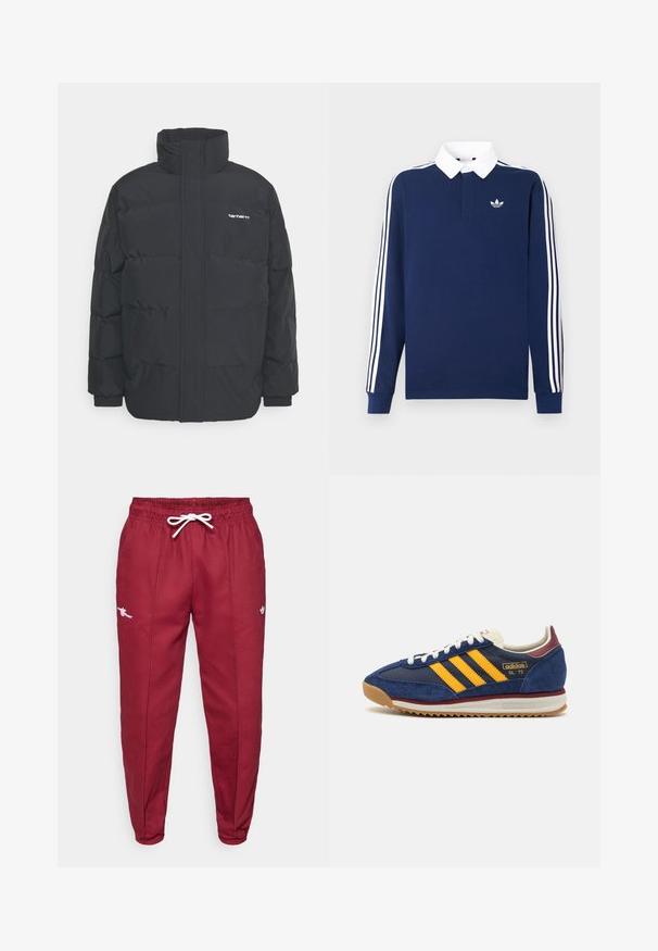 Casaco acolchoado preto com colarinho alto, fecho de correr à frente e punhos elásticos. Apresenta um bolso e um pequeno logótipo no peito. Superfície texturada.; Polo azul-marinho de manga comprida, tecido em algodão, gola branca, apresenta três riscas brancas clássicas ao longo das mangas, com um pequeno logótipo no peito.; Calças de treino vermelhas com cintura elástica, cordão branco, logotipos bordados na coxa e design de perna afunilada.; Sneaker de camurça azul-marinho com riscas amarelas, atacadores brancos e realces em bordeaux. Sola texturizada com relevos para aderência. Logótipo da marca de lado.