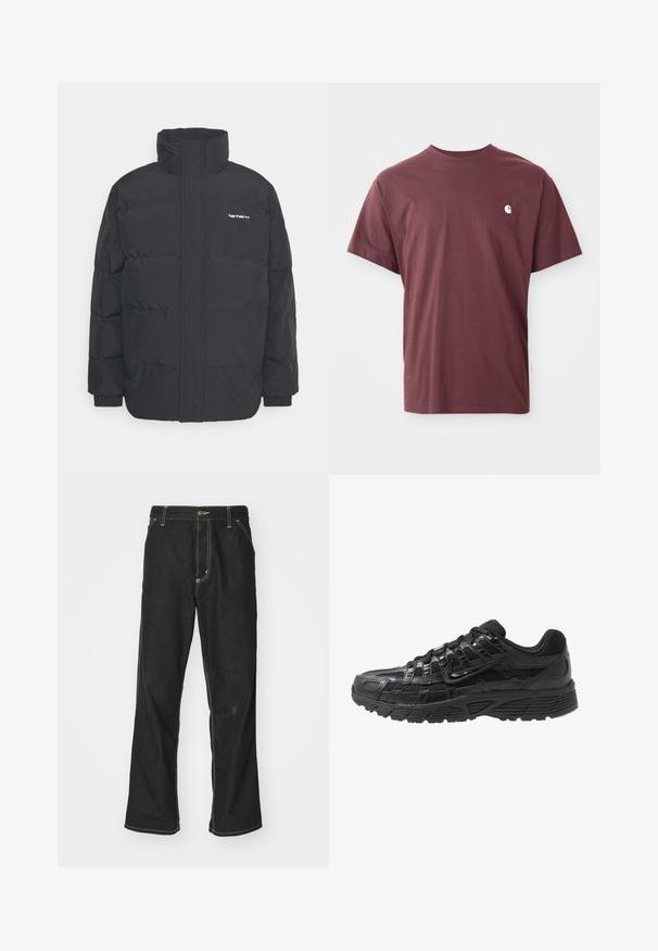 Mustam varrukas jope kõrge kaelusega, vipptõmblusega ja elastsete mansettidega. Omaduseks on tasku ja väike logo rinnal. Tekstuuritud pind.; Burgundia puuvillane t-särk lühikeste varrukatega, ümmargune kaelus ja väike valge logo vasakul rinnal. Sile tekstuur, mugav lõige.; Mustadest denimist püksid, lahtise lõikega, kontrastsete valgete õmblustega, nööbiga kinnitamine ja sirge säär.; Musthave tumejalanike, millel on võrk- ja sünteetiline ülemine osa, tekstuurne pind, nööriga kinnitamine ja mustriline kummist tall, mis tagab haarde.