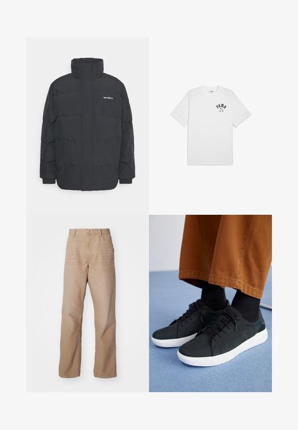 Mustam varrukas jope kõrge kaelusega, vipptõmblusega ja elastsete mansettidega. Omaduseks on tasku ja väike logo rinnal. Tekstuuritud pind.; Valge puuvillane T-särk lühikeste varrukatega ja ümmarguse kaelusega, millel on must prinditud logo rinnal. Lihtne, klassikaline disain.; Beesed värvi puuvillased püksid otse lõikega, millel on tõmblukk, viie tasku stiil ja peen tekstuur.; Mustad suede spordijalatsid valge kummitaldaga, millel on paeltega kinnitamine, tekstuuriga aktsendid ja tagasihoidlik bränding, koos pruuni pükstega.