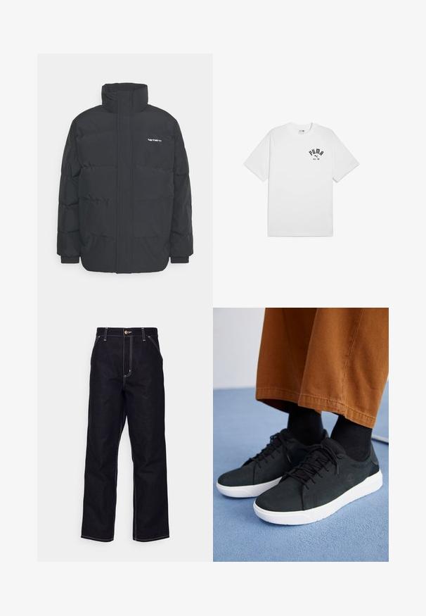 Mustam varrukas jope kõrge kaelusega, vipptõmblusega ja elastsete mansettidega. Omaduseks on tasku ja väike logo rinnal. Tekstuuritud pind.; Valge puuvillane T-särk lühikeste varrukatega ja ümmarguse kaelusega, millel on must prinditud logo rinnal. Lihtne, klassikaline disain.; Mustad teksased sirge lõikega, kontrastsete valgete õmblustega, nööpidega sulgemine ja kaks esist pocketit.; Mustad suede spordijalatsid valge kummitaldaga, millel on paeltega kinnitamine, tekstuuriga aktsendid ja tagasihoidlik bränding, koos pruuni pükstega.