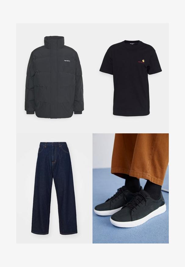 Fekete puffKabát magas nyakkal, cipzáros előlappal és rugalmas mandzsettával. Tartalmaz egy zsebet és egy kis logót a mellkason. Texturált felület.; Fekete pamut póló rövid ujjakkal, kerek nyakkal és egy kis színes logóval a bal mellen. Klasszikus szabás, sima textúrával.; Sötétkék farmer széles lábú nadrág narancssárga varrással, öt zsebbel és cipzáras záródással, lazább szabással és sima textúrával.; Fekete velúrbőr sneaker fehér gumitalppal, fűzős dizájnnal, texturált részletekkel és diszkrét márkázással, barna nadrággal párosítva.