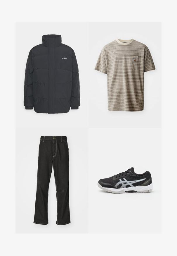 Fekete puffKabát magas nyakkal, cipzáros előlappal és rugalmas mandzsettával. Tartalmaz egy zsebet és egy kis logót a mellkason. Texturált felület.; Rövidujjú csíkos póló bézs és barna színben, kerek nyakkivágással és logópatchelt mellzsebbel. Texturált anyag.; Fekete farmernadrág laza szabással, kontrasztos fehér varrással, gombos záródással és egyenes lábmegoldással.; Fekete sportcipő hálós fejrészével, fényvisszaverő ezüst logóval, gumitalppal és fehér kiegészítőkkel. Párnázott nyakkal és tartós kivitelezéssel rendelkezik.