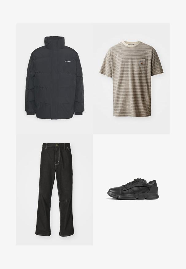 Doudoune noire avec un col montant, fermeture éclair à l'avant et poignets élastiques. Comprend une poche et un petit logo sur la poitrine. Surface texturée.; T-shirt à manches courtes rayé en beige et marron, doté d'un col rond et d'une poche poitrine avec un écusson logo. Tissu texturé.; Jean en denim noir avec une coupe ample, comportant des coutures blanches contrastantes, une fermeture à bouton et un design à jambes droites.; Baskets noires en cuir avec une finition texturée, présentant un embout arrondi, des lacets et une semelle en caoutchouc épaisse pour le soutien.