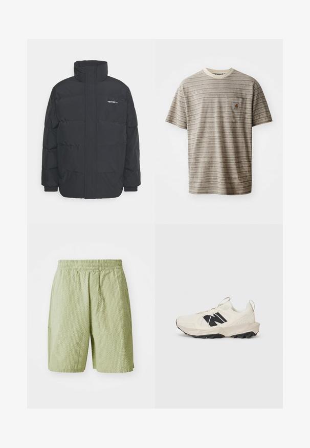 Jachetă puf black cu un guler înalt, închidere cu fermoar frontal și manșete elastice. Are un buzunar și un mic logo pe piept. Suprafață texturată.; Tricou cu mânecă scurtă, în dungi, de culoare bej și maro, cu guler rotund și un buzunar pe piept cu o etichetă logo. Tesătură texturată.; Pantaloni scurți de culoare verde deschis, confecționați dintr-un material texturat, cu un elastic la talie și buzunare laterale. Designul include un model discret în formă de vafe.; Sneaker bej deschis, cu un superior din plasă, logo negru și o talpă texturată. Accentuate cu un model geometric pe talpa intermediară.