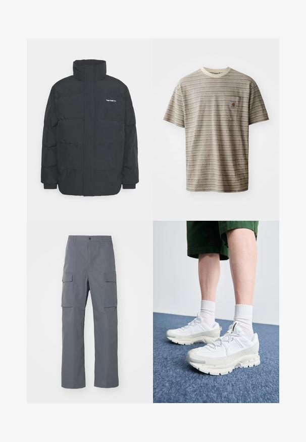 Doudoune noire avec un col montant, fermeture éclair à l'avant et poignets élastiques. Comprend une poche et un petit logo sur la poitrine. Surface texturée.; T-shirt à manches courtes rayé en beige et marron, doté d'un col rond et d'une poche poitrine avec un écusson logo. Tissu texturé.; Pantalons cargo gris en tissu résistant. Les caractéristiques incluent une taille élastique, deux grandes poches latérales et une coupe droite.; Des chaussures de sport blanches avec des superpositions texturées, une semelle épaisse et des accents gris. Portées avec des chaussettes blanches et des shorts verts sur une surface bleue.