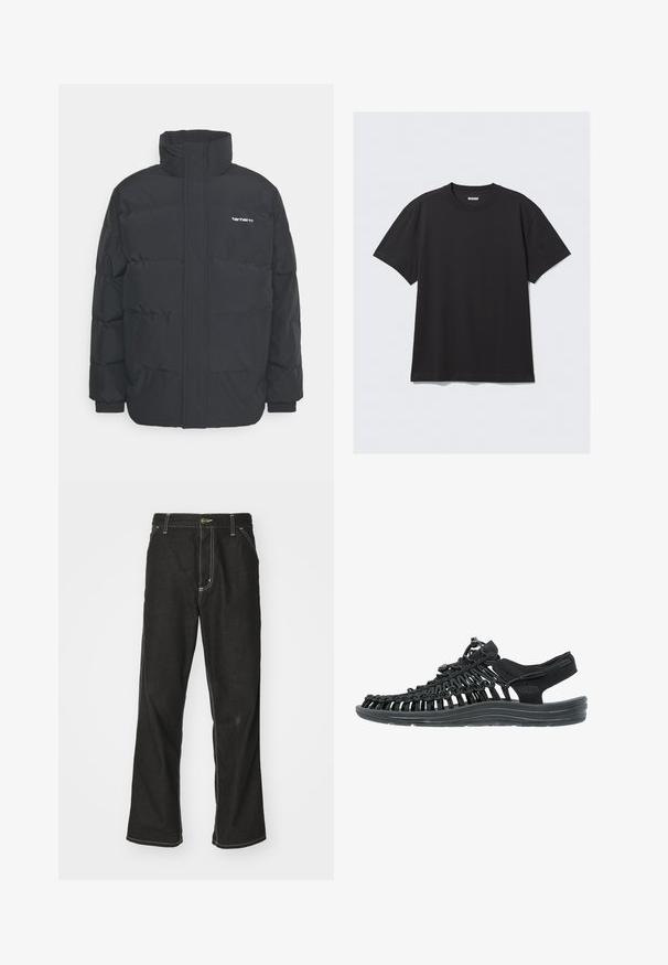 Jachetă puf black cu un guler înalt, închidere cu fermoar frontal și manșete elastice. Are un buzunar și un mic logo pe piept. Suprafață texturată.; Tricou negru cu mânecă scurtă, din bumbac. Are un decolteu tip crew și o croială lejeră. Design simplu, fără modele sau accente vizibile.; Jeans negri din denim, cu o croială largă, cu cusături albe contrastante, închidere cu nasture și un design cu picior drept.; Sandal negru cu upper sintetic țesut, închidere cu șireturi ajustabile și talpă cu amortizare. Are un design deschis pentru respirabilitate.