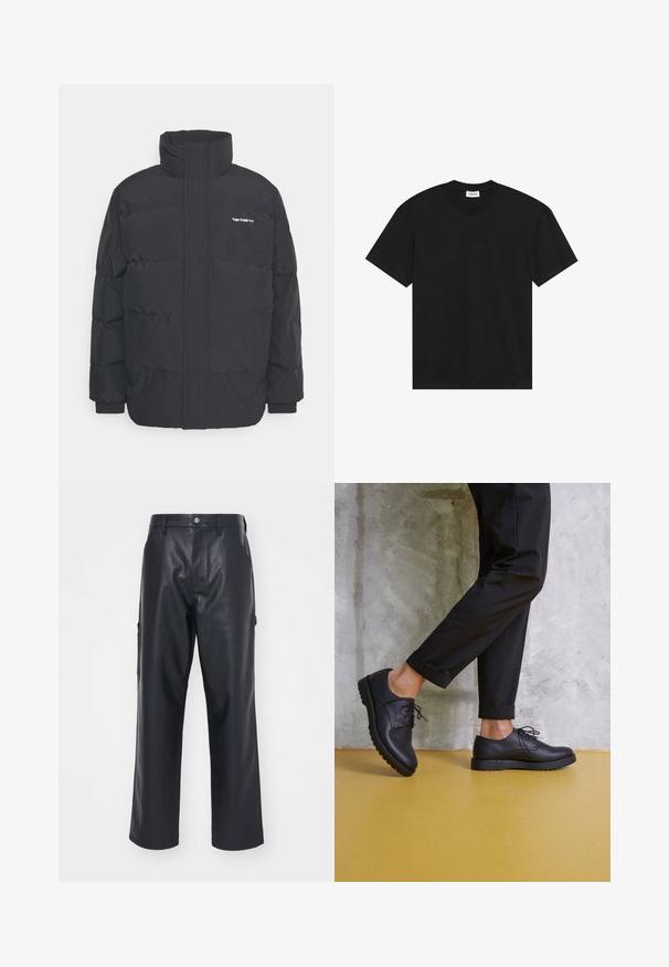 Mustam varrukas jope kõrge kaelusega, vipptõmblusega ja elastsete mansettidega. Omaduseks on tasku ja väike logo rinnal. Tekstuuritud pind.; Must värviga lühikeste varrukatega t-särk, mis on valmistatud puuvillast. Sellel on klassikaline ümar kaelus ja lõtva istuvus, ilma nähtavate mustrite või aktsentideta.; Mustad nahkpüksid siledast materjalist, laia jala lõikega ja küljetaskutega. Omab nööbiga kinnitust ja vööpäid.; Mustad musträäriga nahast kingad ümarate varvastega, tekstureeritud pind ja paks kummist tall. Kantud rullitud mustade pükste koosseisus betoonitausta taustal.