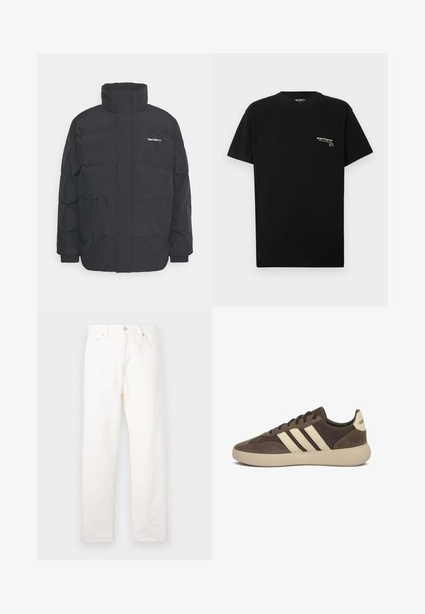 Zwarte pufferjas met een hoge kraag, rits aan de voorkant en elastische manchetten. Bevat een zak en een klein logo op de borst. Getextureerd oppervlak.; Zwarte katoenen T-shirt met korte mouwen, ronde hals en een klein wit logo gedrukt op de linkerkant van de borst.; Witte denim jeans met een rechte broekspijp, voorzien van voorzakken, metalen knoopsluiting en klassieke stikdetails.; Bruine suède sneaker met drie witte strepen, afgeronde neus, dikke rubberen zool en minimale branding op de hiel.