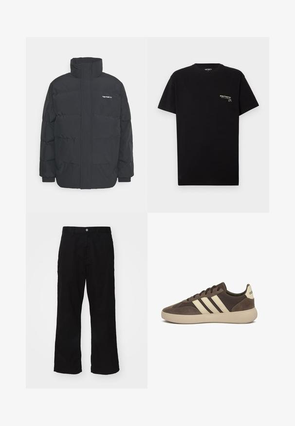 Chaqueta de plumas negra con cuello alto, cierre de cremallera frontal y puños elásticos. Cuenta con un bolsillo y un pequeño logo en el pecho. Superficie texturizada.; Camiseta de algodón negra con mangas cortas, cuello redondo y un pequeño logo blanco impreso en el área del pecho izquierdo.; Pantalones de pierna ancha negros fabricados en una mezcla de algodón, con cierre de botón y corte recto con costuras mínimas visibles.; Zapatilla de gamuza marrón con tres rayas blancas, punta redondeada, suela gruesa de goma y marca mínima en el talón.