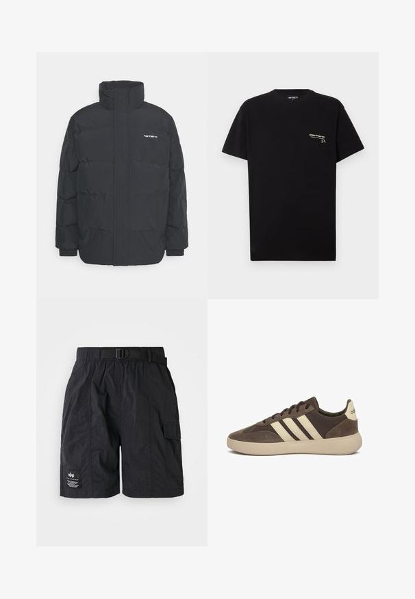 Chaqueta de plumas negra con cuello alto, cierre de cremallera frontal y puños elásticos. Cuenta con un bolsillo y un pequeño logo en el pecho. Superficie texturizada.; Camiseta de algodón negra con mangas cortas, cuello redondo y un pequeño logo blanco impreso en el área del pecho izquierdo.; Pantalones cortos cargo negros hechos de tela ligera. Cuentan con una cintura elástica con cinturón, bolsillo lateral y una parche con logo en la pierna izquierda.; Zapatilla de gamuza marrón con tres rayas blancas, punta redondeada, suela gruesa de goma y marca mínima en el talón.