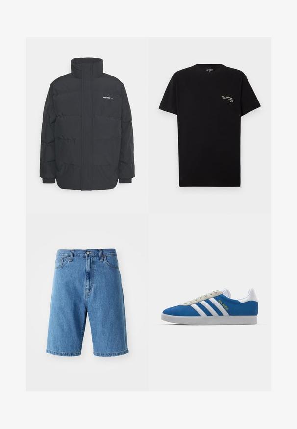 Chaqueta de plumas negra con cuello alto, cierre de cremallera frontal y puños elásticos. Cuenta con un bolsillo y un pequeño logo en el pecho. Superficie texturizada.; Camiseta de algodón negra con mangas cortas, cuello redondo y un pequeño logo blanco impreso en el área del pecho izquierdo.; Shorts de mezclilla azul con un ajuste relajado, cinturilla con trabillas para el cinturón, cierre frontal con botón y dobladillos enrollados. Sin patrones ni acentos visibles.; adidas Originals ADIDAS GAZELLE SHOES - Botines de fútbol sala - real madrid/bluebird/footwear white/crew yellow