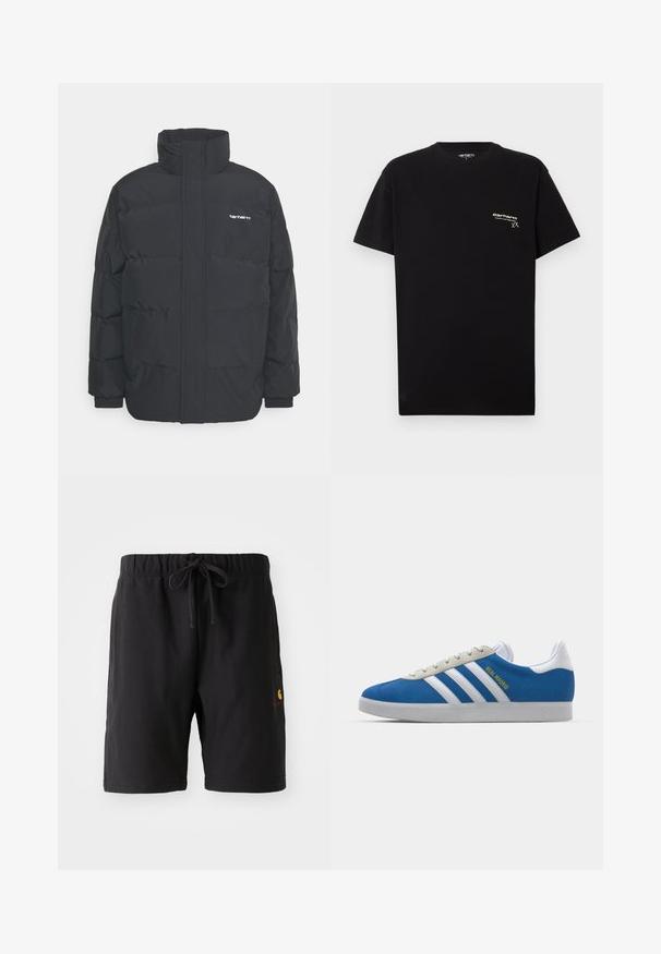 Doudoune noire avec un col montant, fermeture éclair à l'avant et poignets élastiques. Comprend une poche et un petit logo sur la poitrine. Surface texturée.; T-shirt en coton noir à manches courtes, col rond, avec un petit logo blanc imprimé sur la zone de la poitrine gauche.; Shorts noirs avec une taille élastique et un cordon de serrage. Présente une poche latérale et un petit logo rouge et jaune sur le bas à gauche.; adidas Originals ADIDAS GAZELLE SHOES - Chaussures de football en salle - real madrid/bluebird/footwear white/crew yellow