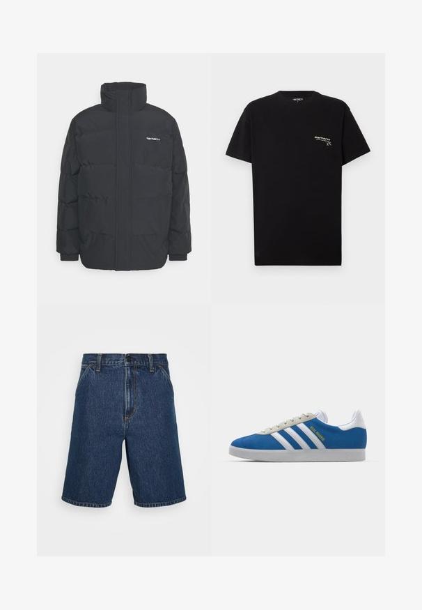 Fekete puffKabát magas nyakkal, cipzáros előlappal és rugalmas mandzsettával. Tartalmaz egy zsebet és egy kis logót a mellkason. Texturált felület.; Fekete pamut póló rövid ujjal, kerek nyakkivágással, és egy kis fehér logóval a bal mellrészen.; Sötétkék farmer rövidnadrág egyenes szabással. Jellemzője a sárga varrás és a klasszikus öt zseb. Normál derékszabással és körbővített szélekkel rendelkezik.; adidas Originals ADIDAS GAZELLE SHOES - Beltéri futballcipő - real madrid/bluebird/footwear white/crew yellow