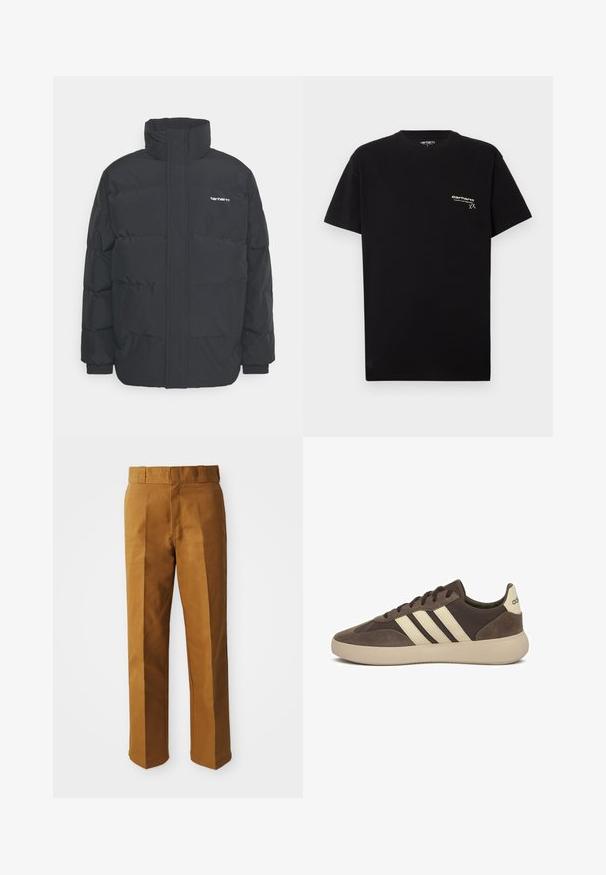 Zwarte pufferjas met een hoge kraag, rits aan de voorkant en elastische manchetten. Bevat een zak en een klein logo op de borst. Getextureerd oppervlak.; Zwarte katoenen T-shirt met korte mouwen, ronde hals en een klein wit logo gedrukt op de linkerkant van de borst.; Bruine, op maat gemaakte broeken met een gladde textuur, voorzien van een recht model, plooien aan de voorkant en een standaard tailleband.; Bruine suède sneaker met drie witte strepen, afgeronde neus, dikke rubberen zool en minimale branding op de hiel.