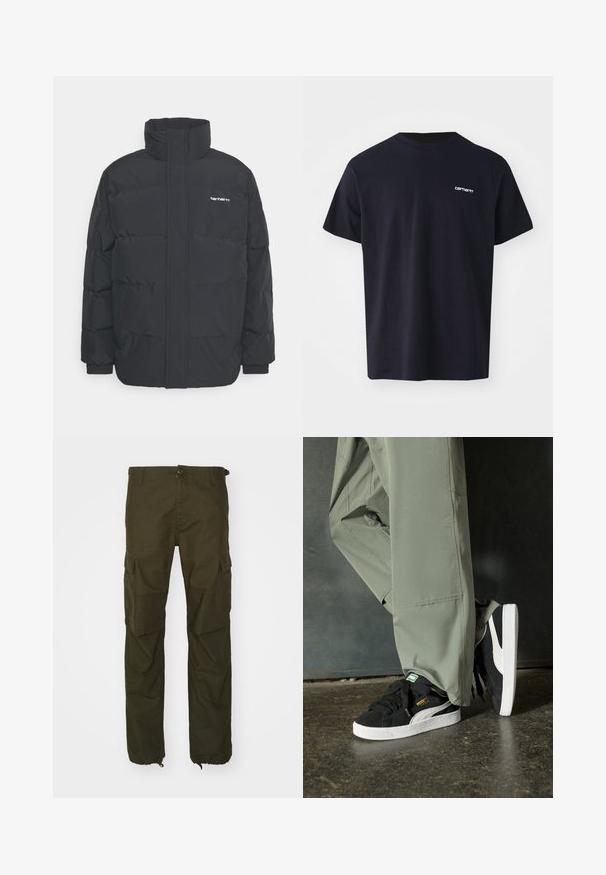 Schwarze Daunenjacke mit hohem Kragen, Reißverschluss vorne und elastischen Bündchen. Verfügt über eine Tasche und ein kleines Logo auf der Brust. Strukturiert Oberfläche.; Schwarzes Baumwoll-T-Shirt mit kurzen Ärmeln, Rundhalsausschnitt und einem dezenten weißen Logo im linken Brustbereich. Glatte Textur, normale Passform.; Olivgrüne Cargo-Hosen aus strapazierfähigem Stoff, mit einem Knopfverschluss, mehreren Seitentaschen und elastischen Bündchen an den Knöcheln.; Schwarze Wildleder-Sneaker mit weißen Gummisohlen und seitlichen Streifen, kombiniert mit hellgrünen Cargo-Hosen, stehen auf einer strukturierten dunklen Oberfläche.