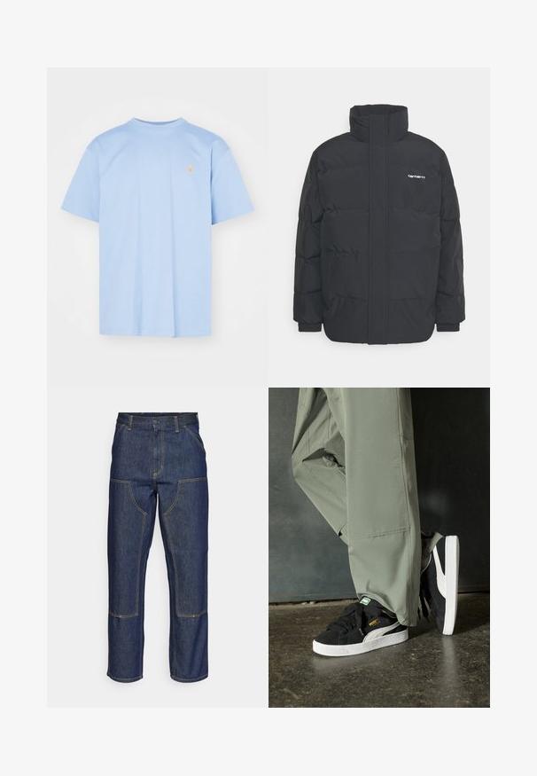 Jachetă puf black cu un guler înalt, închidere cu fermoar frontal și manșete elastice. Are un buzunar și un mic logo pe piept. Suprafață texturată.; Tricou din bumbac de culoare albastru deschis, cu mâneci scurte, guler rotund și un mic logo brodat în portocaliu pe piept. Design simplu, neornat.; Jeans din denim albastru închis cu talie înaltă, design cu picior drept, cusături contrastante și buzunare cu clapă în față.; Adidași negri din piele întoarsă cu tălpi din cauciuc alb și dungi pe lateral, asortați cu pantaloni cargo verzi deschis, stând pe o suprafață texturată întunecată.