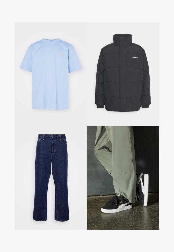 Zwarte pufferjas met een hoge kraag, rits aan de voorkant en elastische manchetten. Bevat een zak en een klein logo op de borst. Getextureerd oppervlak.; Lichtblauwe katoenen t-shirt met korte mouwen, ronde halslijn en een klein geborduurd logo in het oranje op de borst. Eenvoudig, onopvallend ontwerp.; Donkerblauwe denim jeans met een recht-uitlopende pasvorm, voorzien van een knoopsluiting, vijf zakken en subtiele stikseldetails.; Zwarte suède sneakers met witte rubberen zolen en zijstrepen, gecombineerd met lichtgroene cargobroeken, staande op een gestructureerd donker oppervlak.