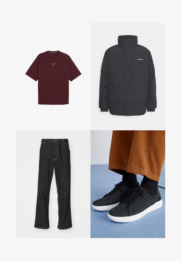 Sort pufferjakke med høj krave, lynlås foran og elastiske manchetter. Har en lomme og et lille logo på brystet. Tekstureret overflade.; Burgunderfarvet bomulds T-shirt med rund halsudskæring, korte ærmer og hvid "HYROX" logo på brystet. Casual pasform med en glat tekstur.; Sorte denimjeans med løs pasform, der har kontrasterende hvid syning, en knaplukning og et lige ben-design.; Sorte ruskinds sneakers med hvide gummisulder, med snørebånd-design, teksturerede detaljer og diskret branding, parret med brune bukser.