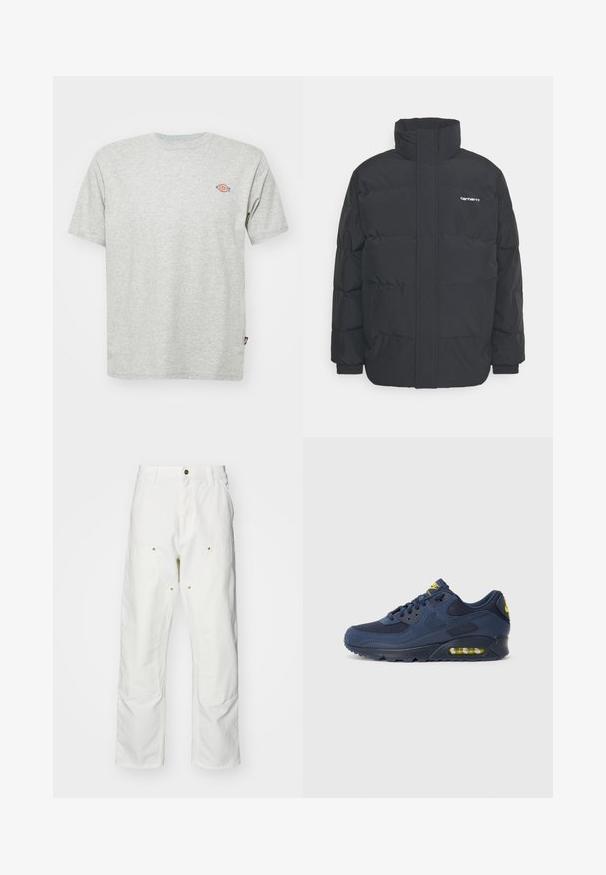 Čierna puffová bunda s vysokým golierom, zipom vpredu a elastickými manžetami. Obsahuje vrecko a malé logo na hrudi. Textúrovaný povrch.; Sivá bavlnená tričko s okrúhlym výstrihom, krátkymi rukávmi a malým farebným logom na hrudi. Mäkká textura, voľný strih a bez vzorov.; Biele bavlnené cargo nohavice s voľným strihom. Medzi vlastnosti patrí predné vrecká, zlaté detaily a zosilnené kolenné časti.; Námornícky modré tenisky Nike Air Max s vrchom z semišu a sieťoviny, s žltými akcentmi, šnurovaním vpredu a viditeľným vzduchovým odpružením v podrážke.