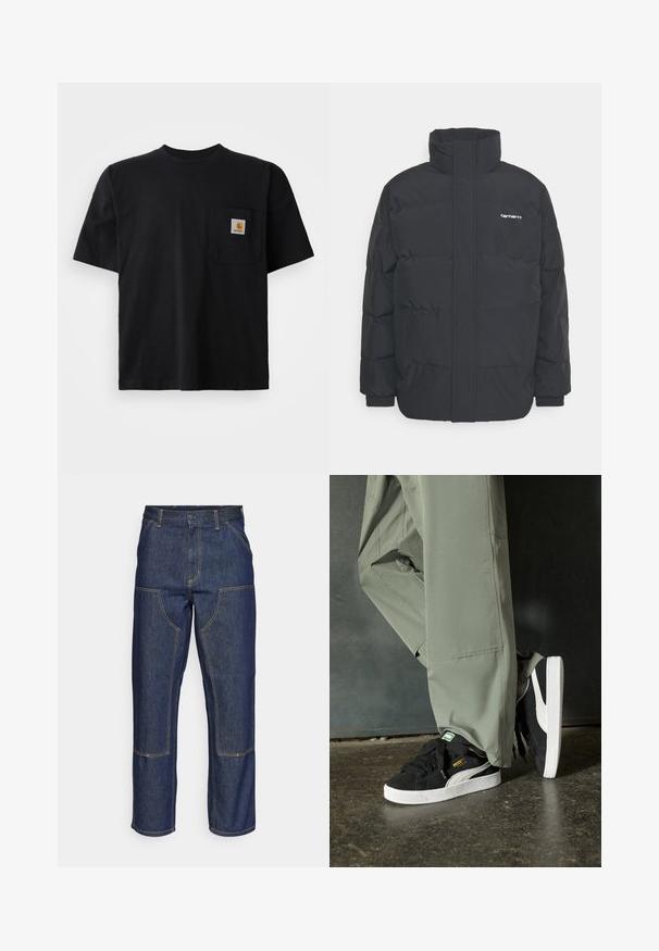 Černá zimní bunda s vysokým límcem, zipem vpředu a elastickými manžetami. Má kapsu a malé logo na hrudi. Texturovaný povrch.; Černé tričko s krátkým rukávem a kulatým výstřihem, s malou čtvercovou nášivkou loga Carhartt na levé kapse.; Tmavě modré džíny s vysokým pasem, rovnými nohavicemi, kontrastním šitím a nášivkami na přední straně.; Černé semišové tenisky s bílými gumovými podrážkami a bočními pruhy, spárované se světle zelenými cargo kalhotami, stojící na texturovaném tmavém povrchu.