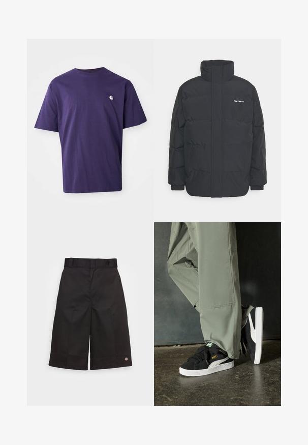 Černá zimní bunda s vysokým límcem, zipem vpředu a elastickými manžetami. Má kapsu a malé logo na hrudi. Texturovaný povrch.; Fialové bavlněné tričko s kulatým výstřihem, krátkými rukávy a malým bílým logem na levé straně hrudi. Hladká textura, uvolněný střih.; Černé bavlněné šortky s rovnými nohavicemi, délka po kolena, s viditelným logem značky na lemu a hladkou texturou.; Černé semišové tenisky s bílými gumovými podrážkami a bočními pruhy, spárované se světle zelenými cargo kalhotami, stojící na texturovaném tmavém povrchu.