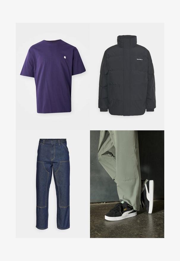 Black puffer jacket with a high collar, zip front, and elastic cuffs. Features a pocket and a small logo on the chest. Textured surface.; Purple cotton t-shirt with a crew neck, short sleeves, and a small white logo on the left chest. Smooth texture, relaxed fit.; Dark blue denim jeans with a high waist, straight leg design, contrasting stitching, and patch pockets on the front.; Black suede sneakers with white rubber soles and side stripes, paired with light green cargo pants, standing on a textured dark surface.