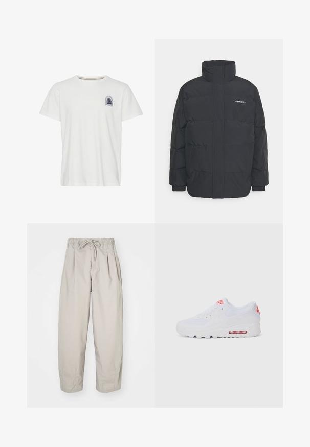 Black puffer jacket with a high collar, zip front, and elastic cuffs. Features a pocket and a small logo on the chest. Textured surface.; White cotton t-shirt with short sleeves, crew neck, and a small blue graphic print on the left chest featuring palm trees and text.; Beige, lightweight trousers with an elastic waistband and drawstring. Features pleats and a loose fit, crafted from soft, smooth fabric.; White athletic sneaker featuring a smooth upper, lace closure, cushioned sole, and a visible air unit with red accents on the branding.