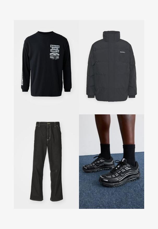 Zwarte pufferjas met een hoge kraag, rits aan de voorkant en elastische manchetten. Bevat een zak en een klein logo op de borst. Getextureerd oppervlak.; Zwarte lange mouw T-shirt met ronde hals. Heeft witte bedrukte graphics: "Manastash Sports Committee" en een ontwerp op de linkerborst.; Zwarte denim jeans met een losse pasvorm, voorzien van contrasterende witte stiksels, een knoopsluiting en een recht ontwerp.; Zwarte Nike-schoenen hebben een bovenwerk van mesh met accentstreepjes, getextureerde veters en een zwarte rubberen zool. Draag ze met zwarte geribde sokken.