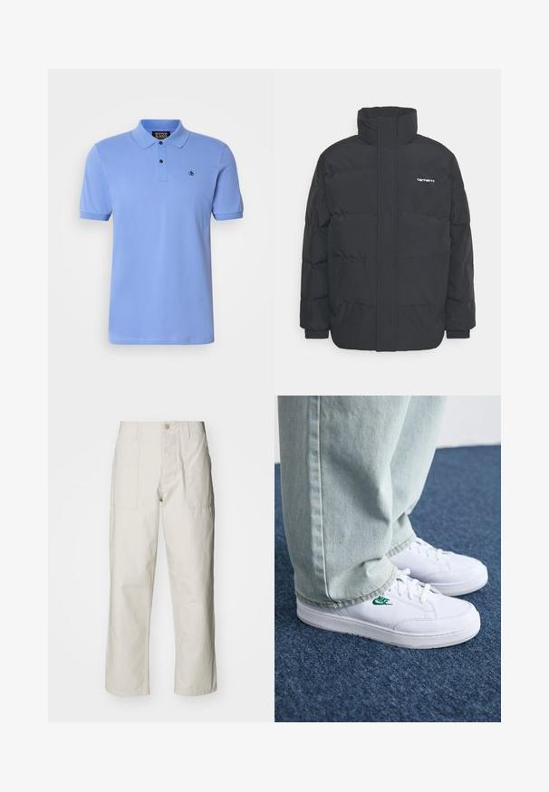 Giacca puffa nera con colletto alto, chiusura con zip frontale e polsini elastici. Presenta una tasca e un piccolo logo sul petto. Superficie testurizzata.; Polo shirt azzurro chiaro in cotone, con chiusura a bottoni, maniche corte, colletto a coste e un piccolo logo ricamato sul petto.; Pantaloni a gamba larga beige chiaro in cotone. Presentano tasche frontali e chiusura con bottone. Tessuto liscio con sottili linee verticali.; Sneakers in pelle bianca con logo Nike verde, punta rotonda, suola piatta, abbinati a pantaloni in denim azzurro, mostrati su un tappeto blu.