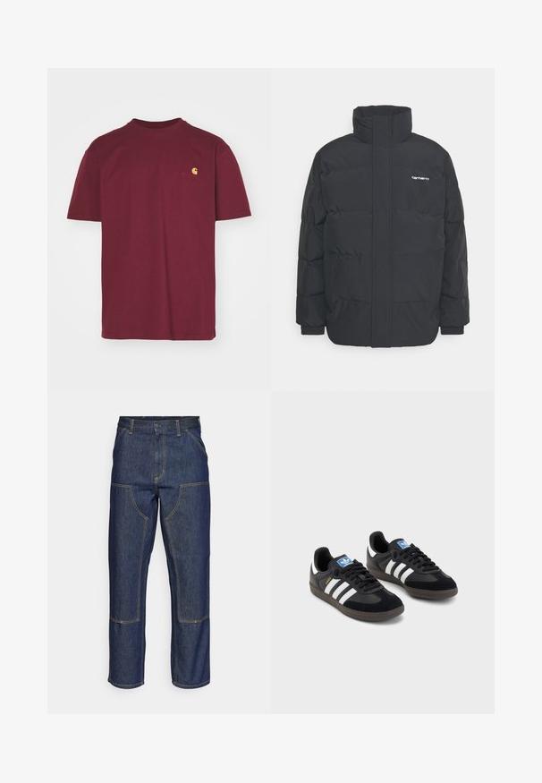Musta puhvijaakku korkealla kauluksella, vetoketjukiinnitys edessä ja joustavat hihansuut. Varustettu taskulla ja pienellä logolla rintakehässä. Rakeinen pinta.; Carhartt WIP AMERICAN SCRIPT - T-paita - malbec; Tummansiniset farkut, joissa on korkea vyötärö, suora lahje, eriväriset ompeleet ja etupuolella pakki-taskut.; Mustat lenkkarit, joissa on mokkanahka- ja synteettinen päällinen, kolmella valkoisella raidalla, tekstuurilla varustettu kumipohja ja sininen logo-etiketti kielellä.