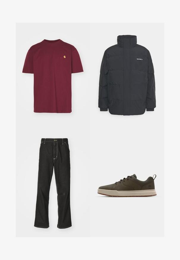 Mustam varrukas jope kõrge kaelusega, vipptõmblusega ja elastsete mansettidega. Omaduseks on tasku ja väike logo rinnal. Tekstuuritud pind.; Carhartt WIP AMERICAN SCRIPT - Lihtne T-särk - malbec; Mustadest denimist püksid, lahtise lõikega, kontrastsete valgete õmblustega, nööbiga kinnitamine ja sirge säär.; Tume roheline toss sileda ülemise osaga, helebeež vahevaiba ja kummist tallaga. Omab ümarat varbaosa ja minimaalset brändingut kontsos.