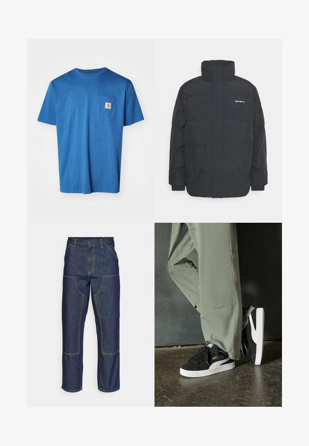 Casaco acolchoado preto com colarinho alto, fecho de correr à frente e punhos elásticos. Apresenta um bolso e um pequeno logótipo no peito. Superfície texturada.; T-shirt de algodão azul com decote redondo, mangas curtas e um bolso no lado esquerdo do peito com um patch de logotipo. Textura suave, design casual.; Jeans de ganga escura com uma cintura alta, design de perna reta, costuras em contraste e bolsos de remendo na frente.; Sapatilhas de camurça pretas com solas de borracha branca e riscas laterais, combinadas com calças de carga verde claro, em pé sobre uma superfície escura e texturizada.