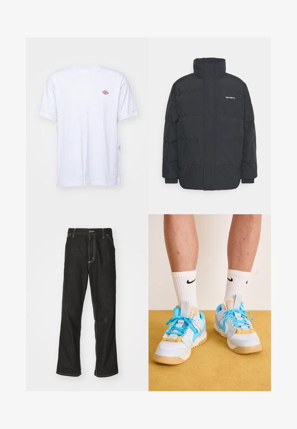 Zwarte pufferjas met een hoge kraag, rits aan de voorkant en elastische manchetten. Bevat een zak en een klein logo op de borst. Getextureerd oppervlak.; Witte katoenen t-shirt met een v-hals en korte mouwen. Kenmerkt zich door een klein kleurrijk geborduurd logo op de linkerkant van de borst. Zachte textuur.; Zwarte denim jeans met een losse pasvorm, voorzien van contrasterende witte stiksels, een knoopsluiting en een recht ontwerp.; Lichtblauwe sneakers met tan kleurige zolen, uitgerust met opvallende turquoise veters en gele accenten. Textuurmaterialen en zichtbare luchtkussens.