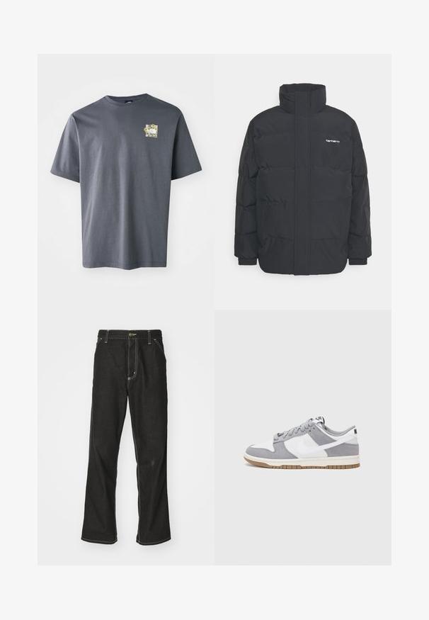Zwarte pufferjas met een hoge kraag, rits aan de voorkant en elastische manchetten. Bevat een zak en een klein logo op de borst. Getextureerd oppervlak.; Grijs kortearmt-shirt van katoen met een kleine bloemenprint op de borst. Ronde hals, zachte textuur en een ontspannen pasvorm.; Zwarte denim jeans met een losse pasvorm, voorzien van contrasterende witte stiksels, een knoopsluiting en een recht ontwerp.; Nike sneakers hebben een bovenzijde van grijs suède en wit leer met perforaties, ronde veters en een gum zool voor grip.