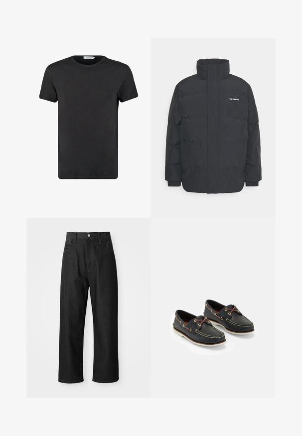 Black puffer jacket with a high collar, zip front, and elastic cuffs. Features a pocket and a small logo on the chest. Textured surface.; Black cotton t-shirt with a round neckline and short sleeves. The fabric has a smooth texture and no patterns or accents. Regular fit.; Black denim pants with a relaxed fit, high waist, zipper closure, and five-pocket design. Visible stitching accents throughout.; Navy leather boat shoes with yellow stitching, red laces, and silver eyelets; round toe; white rubber sole.
