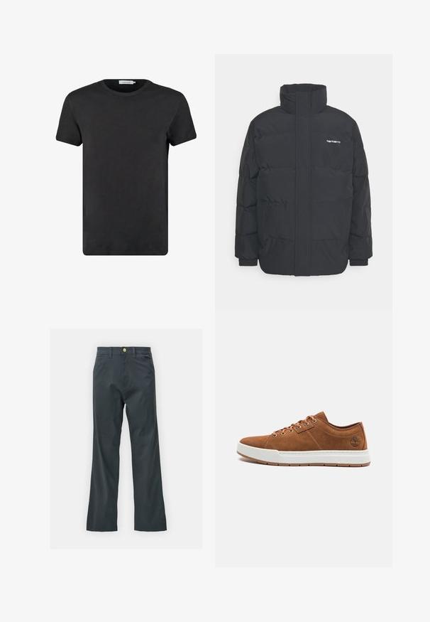 Crna puffer jakna s visokim ovratnikom, prednjim zatvaračem i elastičnim manžetama. Ima džep i mali logo na prsima. Teksturalna površina.; Crna pamučna majica s okruglim izrezom i kratkim rukavima. Tkanina ima glatku teksturu i bez uzoraka ili akcenta. Standardni kroj.; Crne hlače s ravnim krojem, napravljene od tkanine s pamukom. Imaju metalnu dugmad za zatvaranje i bočne džepove. Nema vidljivih uzoraka.; Smeđe suede tenisice s bijelim gumennim potplatom, okruglim vrhom, šest metalnih rupica za vezanje i istaknutim logotipom sa strane. Klasični dizajn vezanja.
