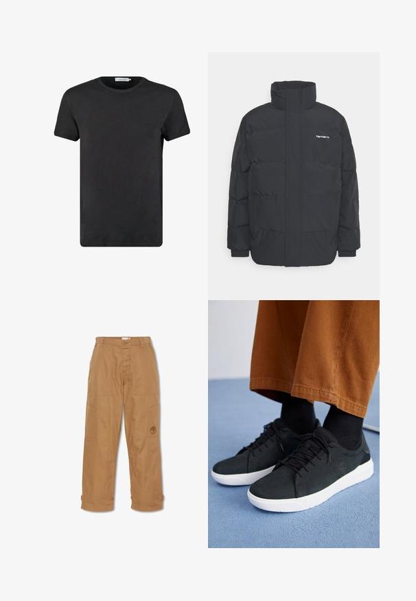 Chaqueta de plumas negra con cuello alto, cierre de cremallera frontal y puños elásticos. Cuenta con un bolsillo y un pequeño logo en el pecho. Superficie texturizada.; Camiseta de algodón negra con cuello redondo y mangas cortas. La tela tiene una textura suave y no presenta patrones ni adornos. Corte regular.; Pantalones de trabajo color caqui, hechos de una tela resistente, cuentan con múltiples bolsillos, un cierre de botón y un logo bordado en el muslo.; Zapatillas de ante negro con suelas de goma blanca, que presentan un diseño con cordones, acentos texturizados y una marca sutil, combinadas con pantalones marrones.