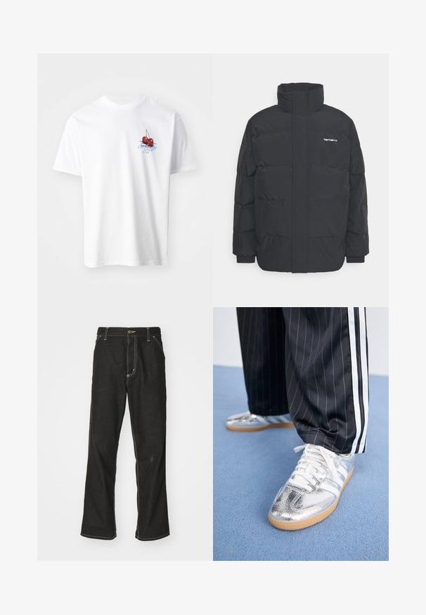 Chaqueta de plumas negra con cuello alto, cierre de cremallera frontal y puños elásticos. Cuenta con un bolsillo y un pequeño logo en el pecho. Superficie texturizada.; Camiseta de algodón blanca con un gráfico de cereza roja, hojas verdes y texto azul en el lado izquierdo del pecho. Mangas cortas y cuello redondo.; Jeans de mezclilla negra con un corte holgado, que cuentan con costuras blancas contrastantes, cierre de botón y un diseño de pierna recta.; Zapatillas metálicas plateadas con cordones blancos y tres rayas blancas, combinadas con pantalones negros a rayas. Suela de chicle en la parte inferior.