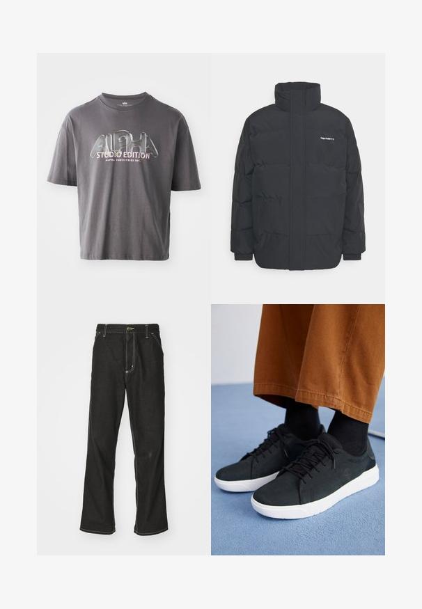 Czarna kurtka puchowa z wysoką kołnierzem, zamkiem z przodu i elastycznymi mankietami. Posiada kieszeń oraz małe logo na piersi. Teksturowana powierzchnia.; Szara bawełniana koszulka z krótkim rękawem, z połyskującym logo "ALPHA STUDIO EDITION" w wielokolorowym napisie umieszczonym na środku przodu.; Czarne dżinsy o luźnym kroju, z kontrastującymi białymi szwami, z zapięciem na guzik i prostą nogawką.; Czarne zamszowe trampki z białymi gumowymi podeszwami, z wiązaniem, teksturowanymi akcentami i subtelnym logo, w połączeniu z brązowymi spodniami.