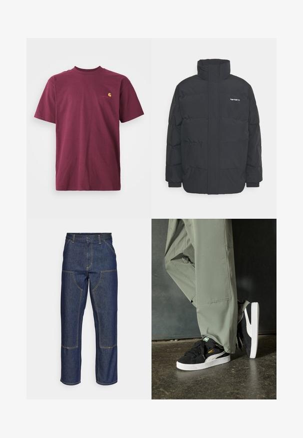 Giacca puffa nera con colletto alto, chiusura con zip frontale e polsini elastici. Presenta una tasca e un piccolo logo sul petto. Superficie testurizzata.; T-shirt in cotone bordeaux con maniche corte e scollatura rotonda. Presenta un logo ricamato oro sul petto. Design semplice.; Jeans in denim blu scuro con vita alta, design a gamba dritta, cuciture a contrasto e tasche applicate sulla parte frontale.; Sneaker in suede nero con suole in gomma bianca e strisce laterali, abbinate a pantaloni cargo verde chiaro, in piedi su una superficie scura e texture.